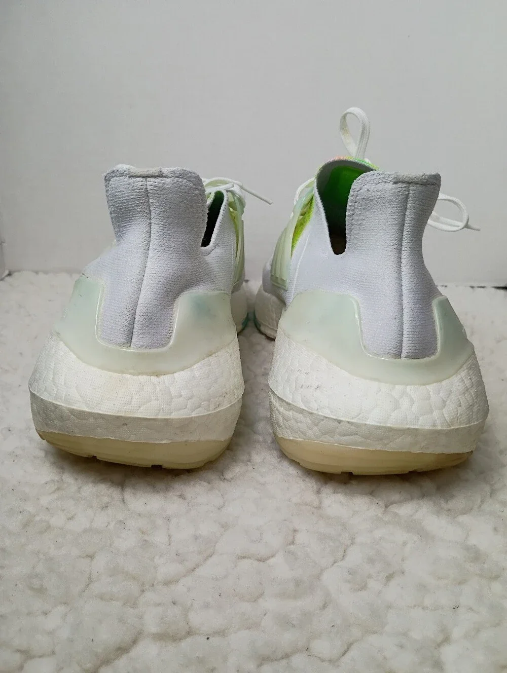 Adidas Ultraboost 22 Mens 14 White Solar Green Bliss Blue Running Shoes GX5913.